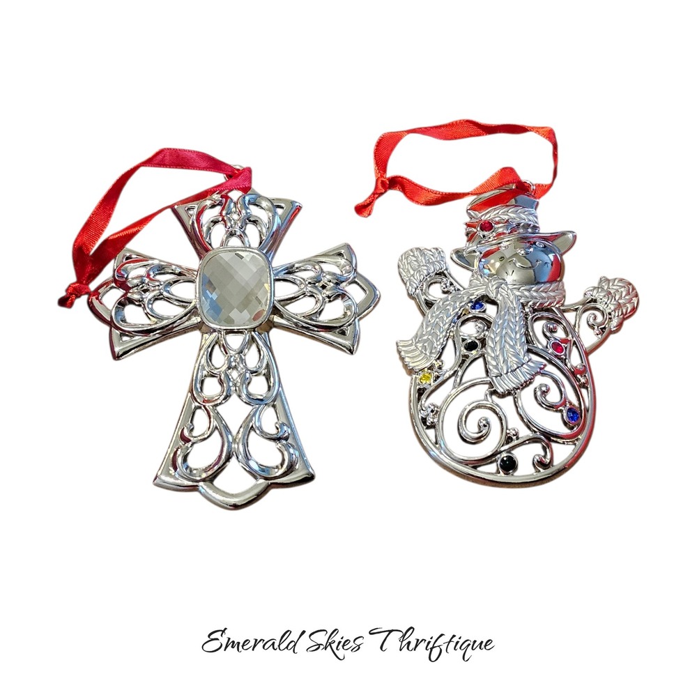 Lenox silver plated‎ ornaments, cross and snowman, free shipping